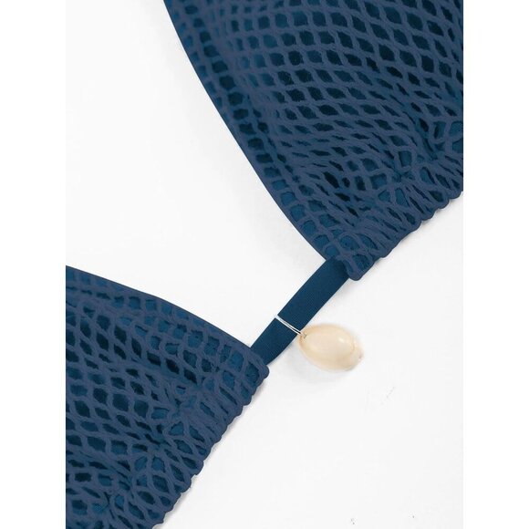 🆕Women Blue Triangle Bikini Top Fishnet Tie Back String Swimsuit Bathing Suit - Picture 3 of 4